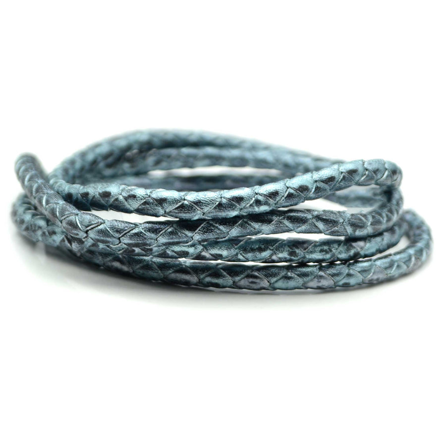 Metallic Silver Black- 5mm Round Braided European Leather by the Yard