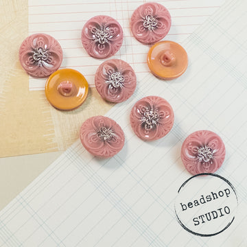 Limited Edition Czech Glass Button: Tufted, Pink Opaque/Gunmetal