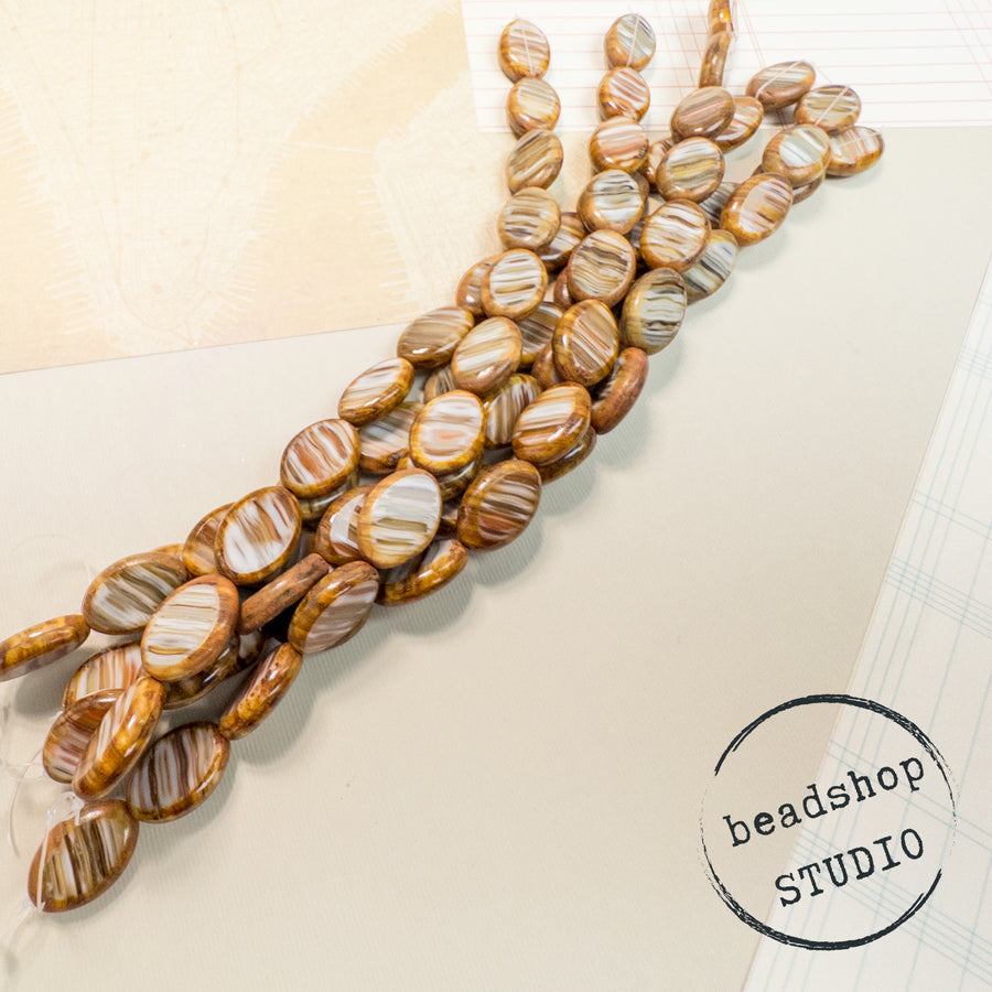 Limited Edition Czech Glass Strand- Large Brown/Topaz/Burnt Orange/White Travertine Table Cut Oval