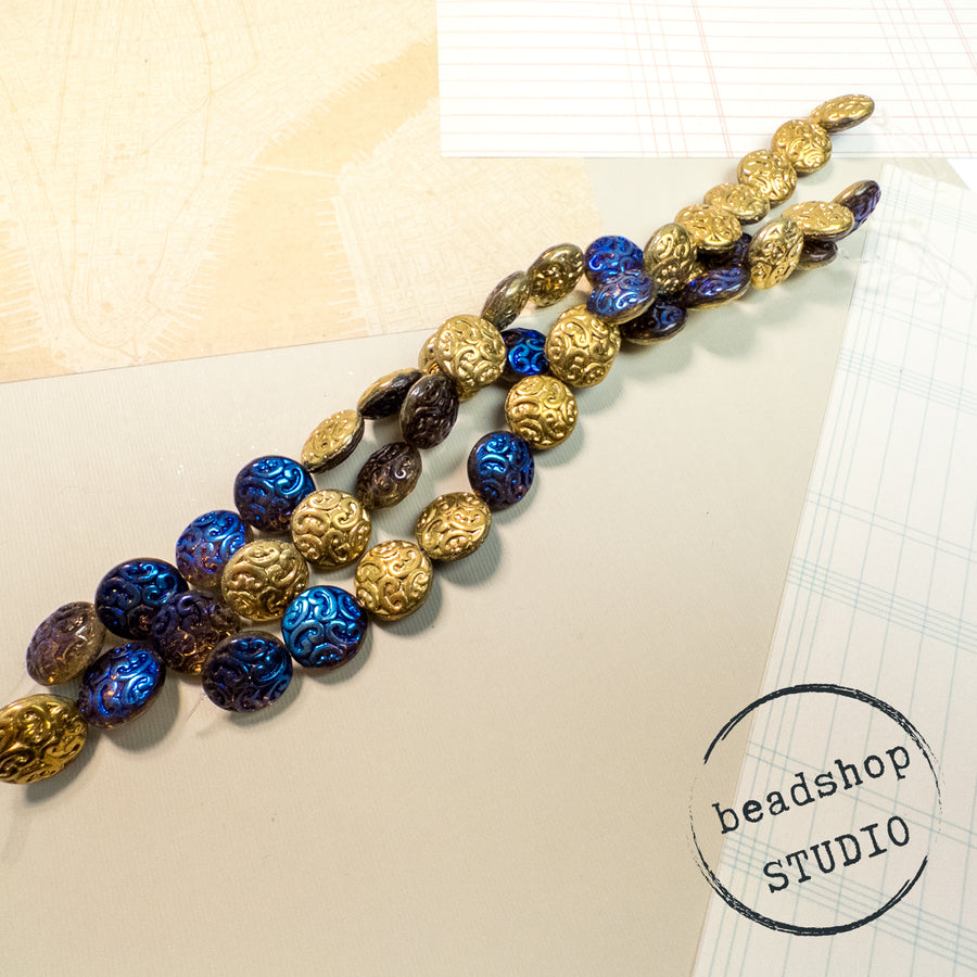 Limited Edition Czech Glass Strand- Gold/Blue Iris Button Bead