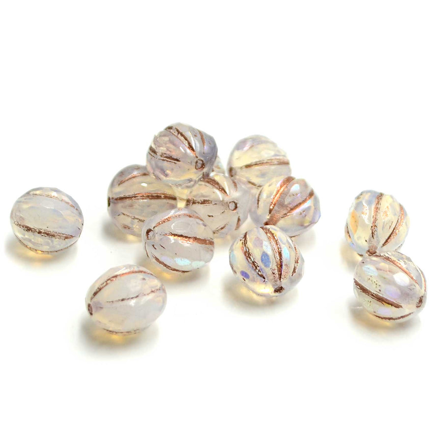 10mm Faceted Melons- Opal AB, Copper Wash