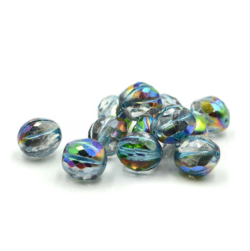 10mm Faceted Melons- Crystal Volcano AB, Metallic Blue Wash