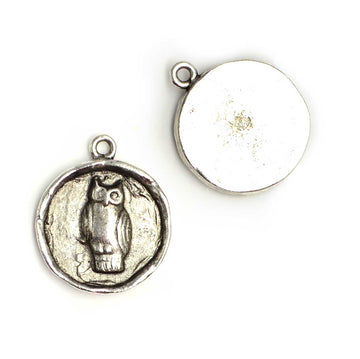 Round Owl Charm- Antique Silver