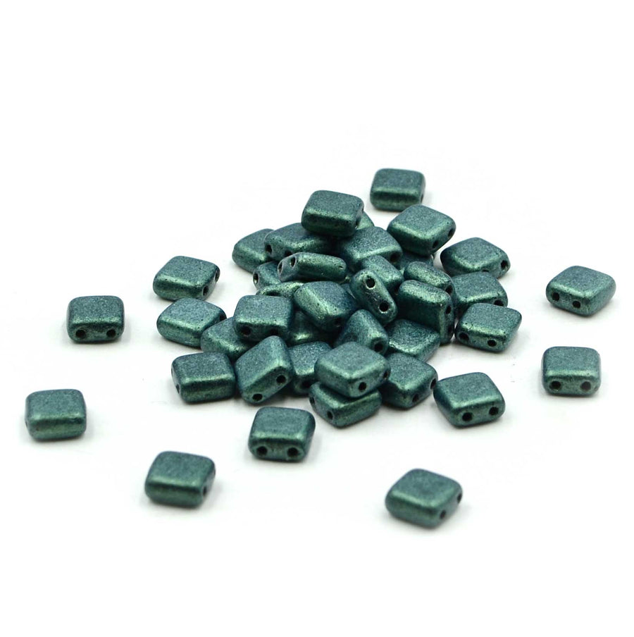 CzechMates Opaque Green Luster 6mm Two Hole Tile Square Czech Glass Beads  per Strand