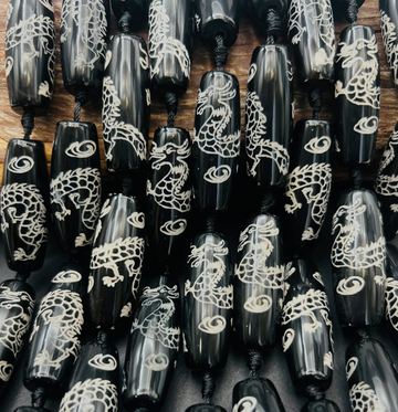Tibetan Dragon on Black Agate-Barrel 40x13mm