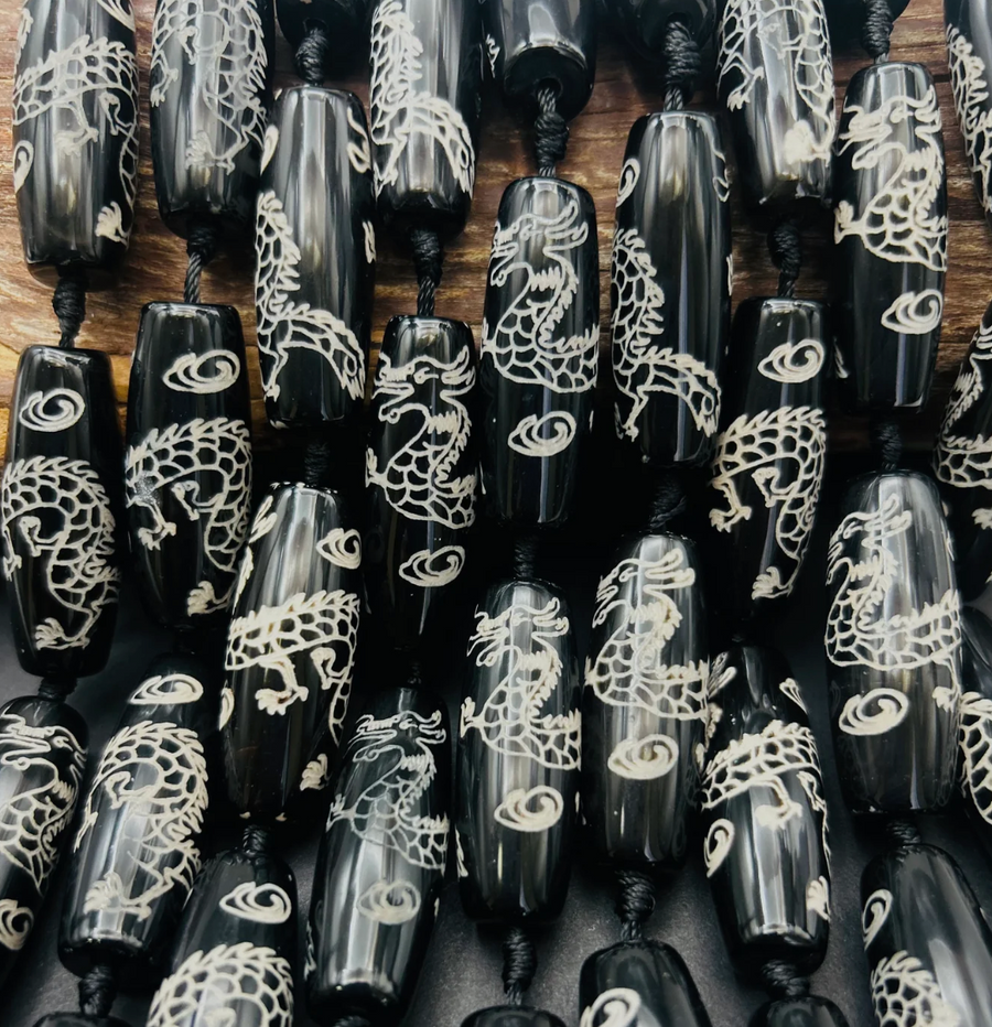 Tibetan Dragon on Black Agate-Barrel 40x13mm