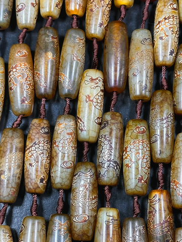 Tibetan Dragon on Brown Agate-Barrel 40x13mm