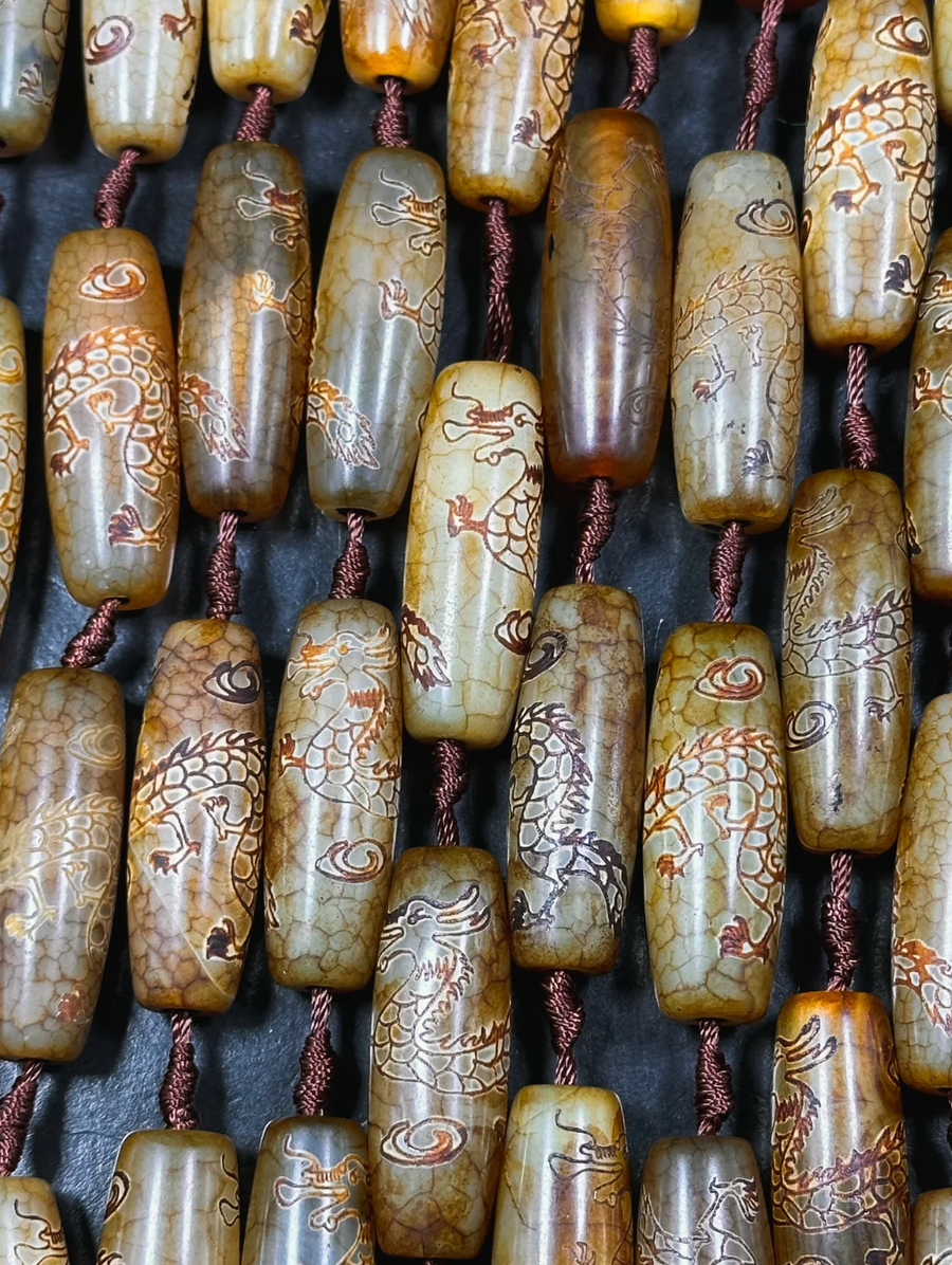 Tibetan Dragon on Brown Agate-Barrel 40x13mm