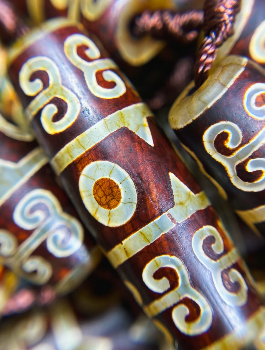 Classic Tibetan Design on Brown Agate-Barrel 40x13mm