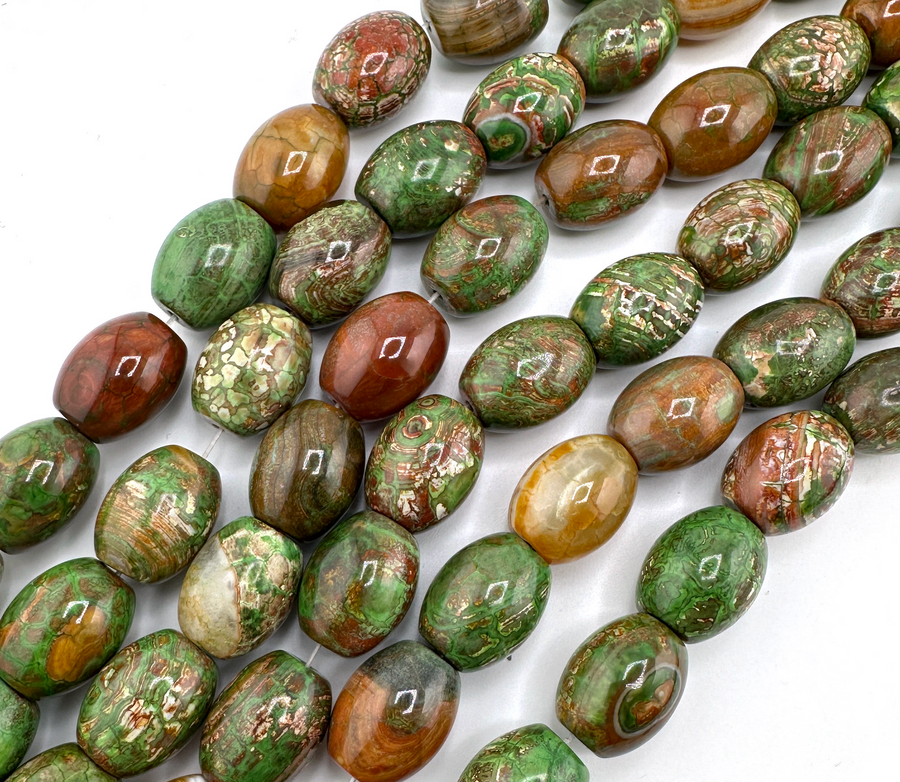 Tibetan Green-Brown Agate-Barrel 19x14mm
