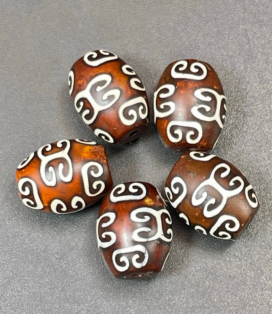 Classic Tibetan Design on Brown Agate-Drum 15x12mm