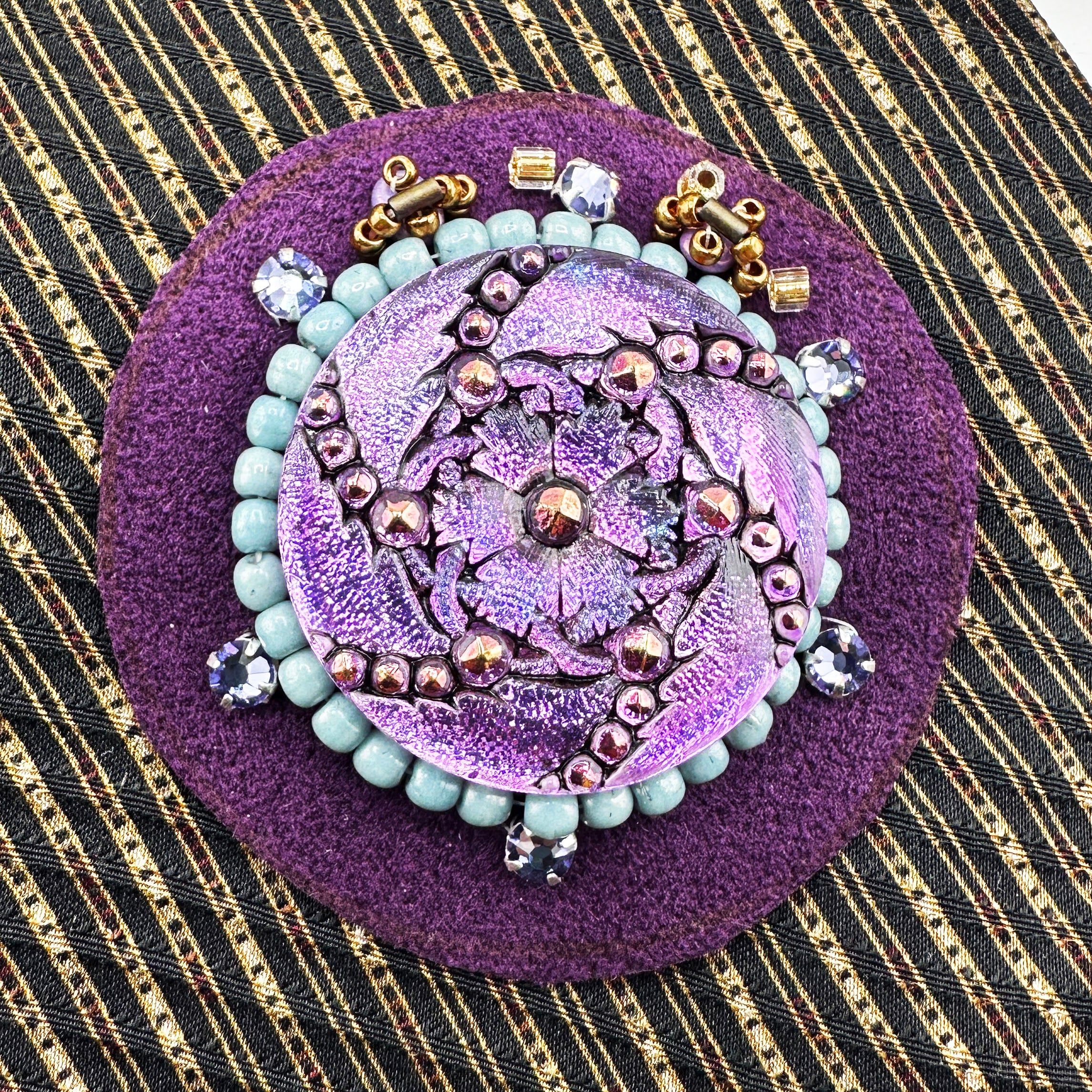 Bead Embroidery- Violet Rosette Brooch