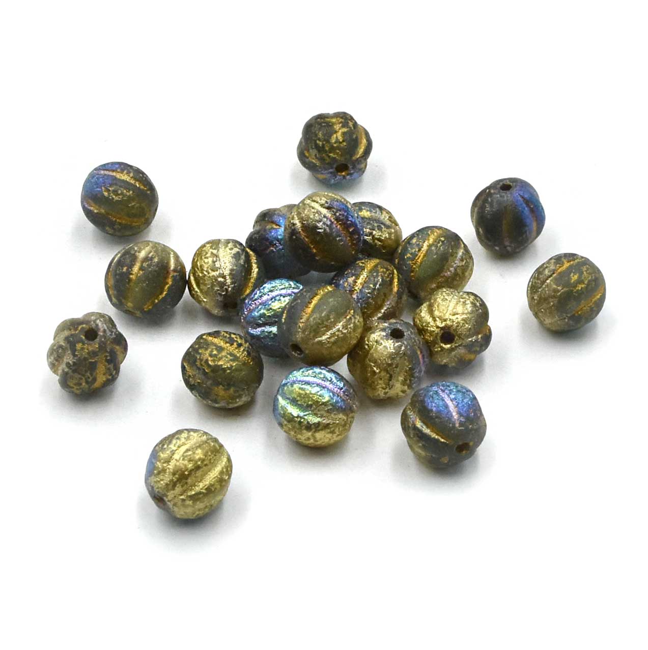 8mm Melons- Transparent Sky Blue Etched AB, Gold Finish –