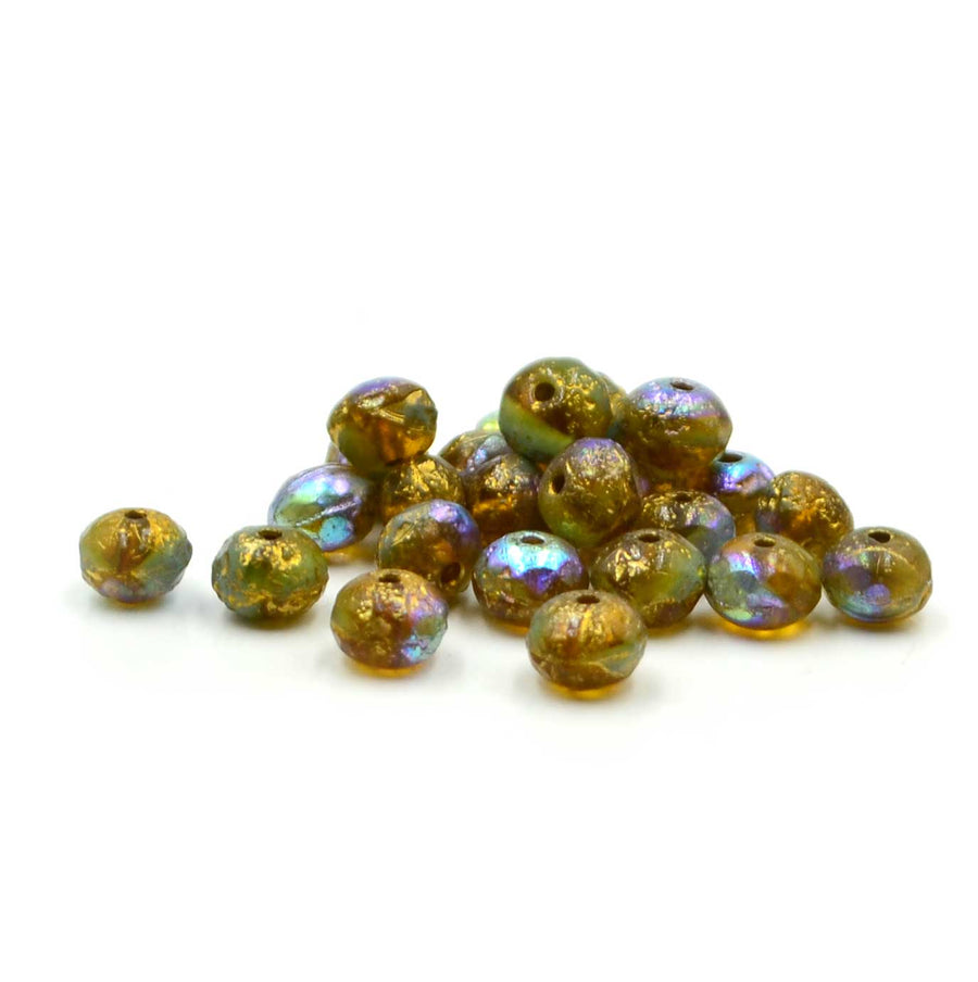 7mm Rondelles- Amber and Sky Etched AB, Gold Wash