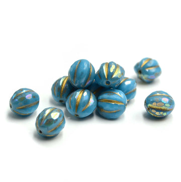 10mm Faceted Melons- Sky Blue AB, Gold Wash