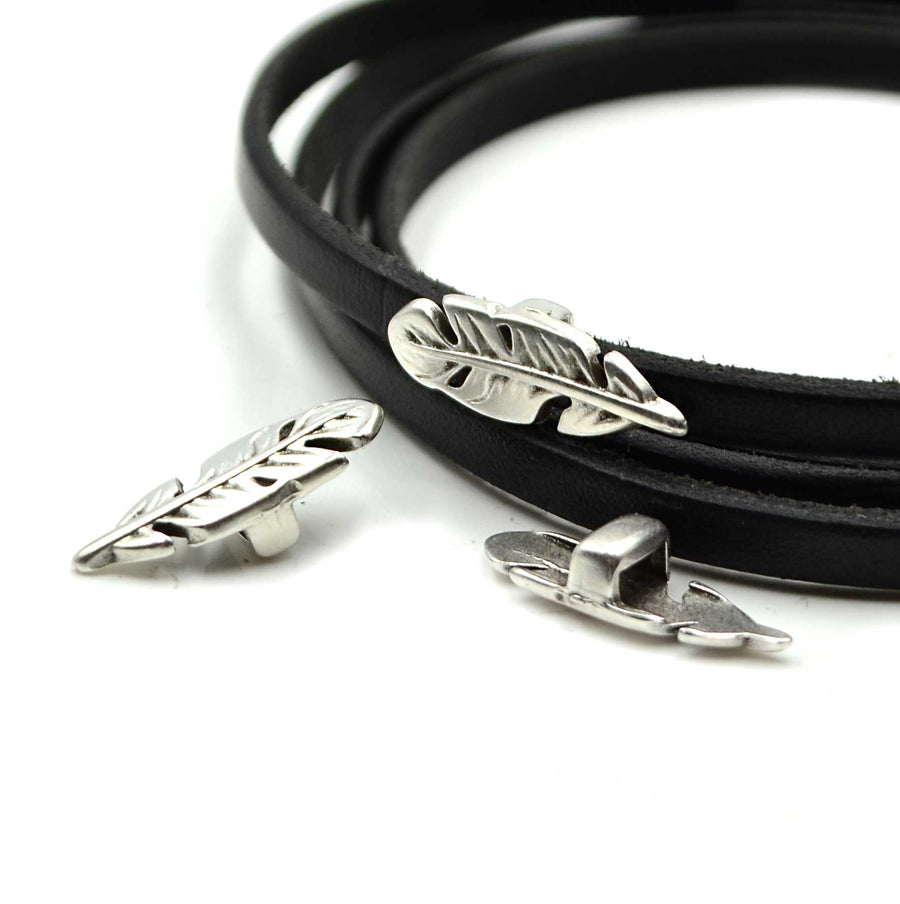 5mm Slider- Bitty Feather- Antique Silver