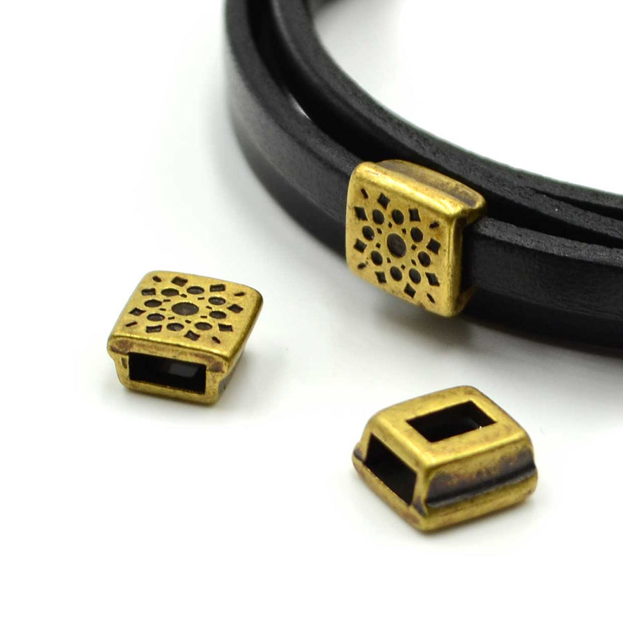 5mm Slider- Sunburst Square- Antique Brass