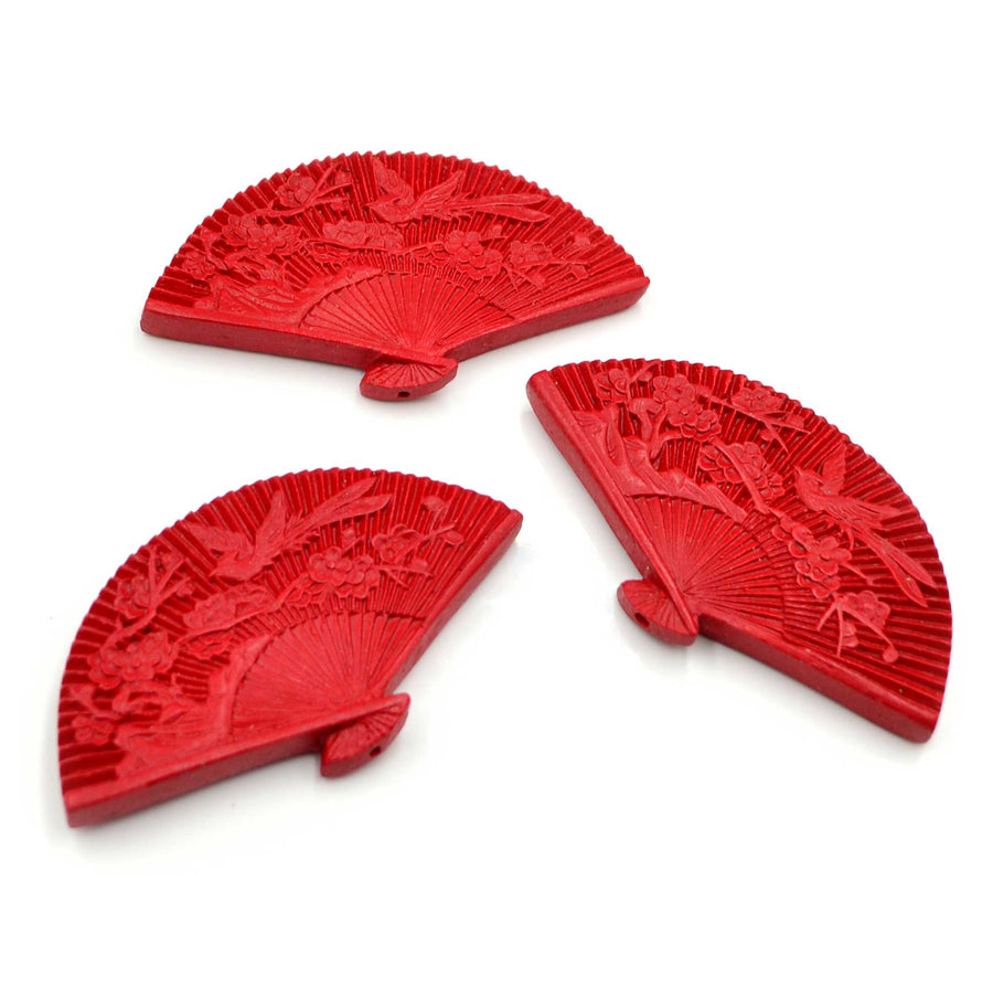 Lacquer Wood Bead- Red Fan