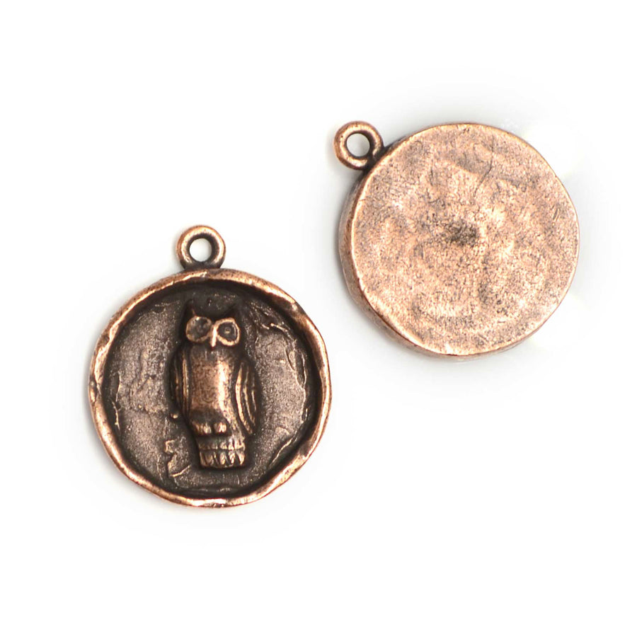 Round Owl Charm- Antique Copper